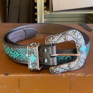 NOCONA BELT CO Women's SMALL Leather Turquoise Cowgirl Belt with Copper Buckle